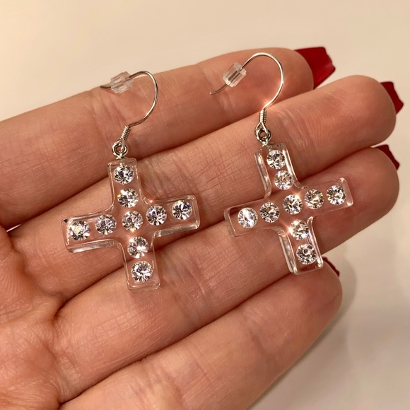 Women’s Lucite Cross Earrings Embellished With Swarovski Crystal Stones, New - Picture 7 of 9